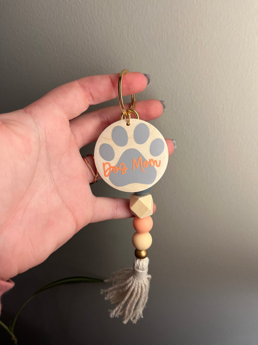 Dog Mom Paw Print Wood Keychain