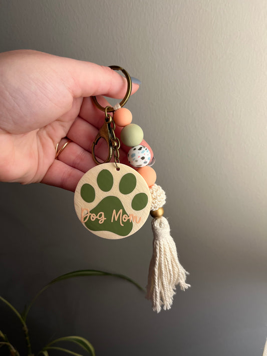 Dog Mom Paw Print Wood Beaded Keychain