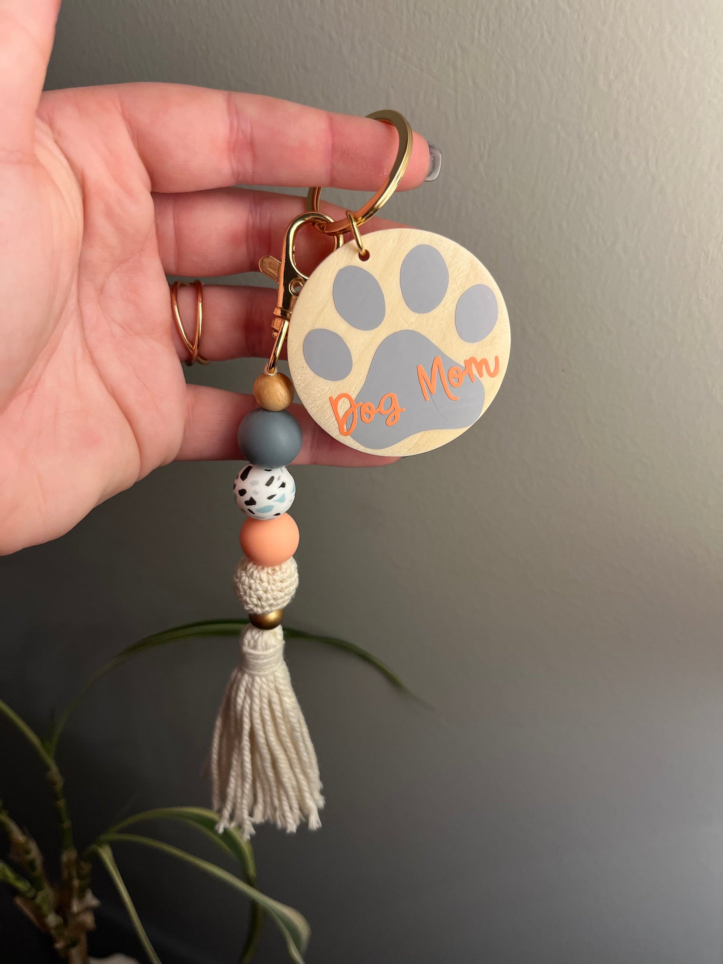 Dog Mom Paw Print Wood Keychain