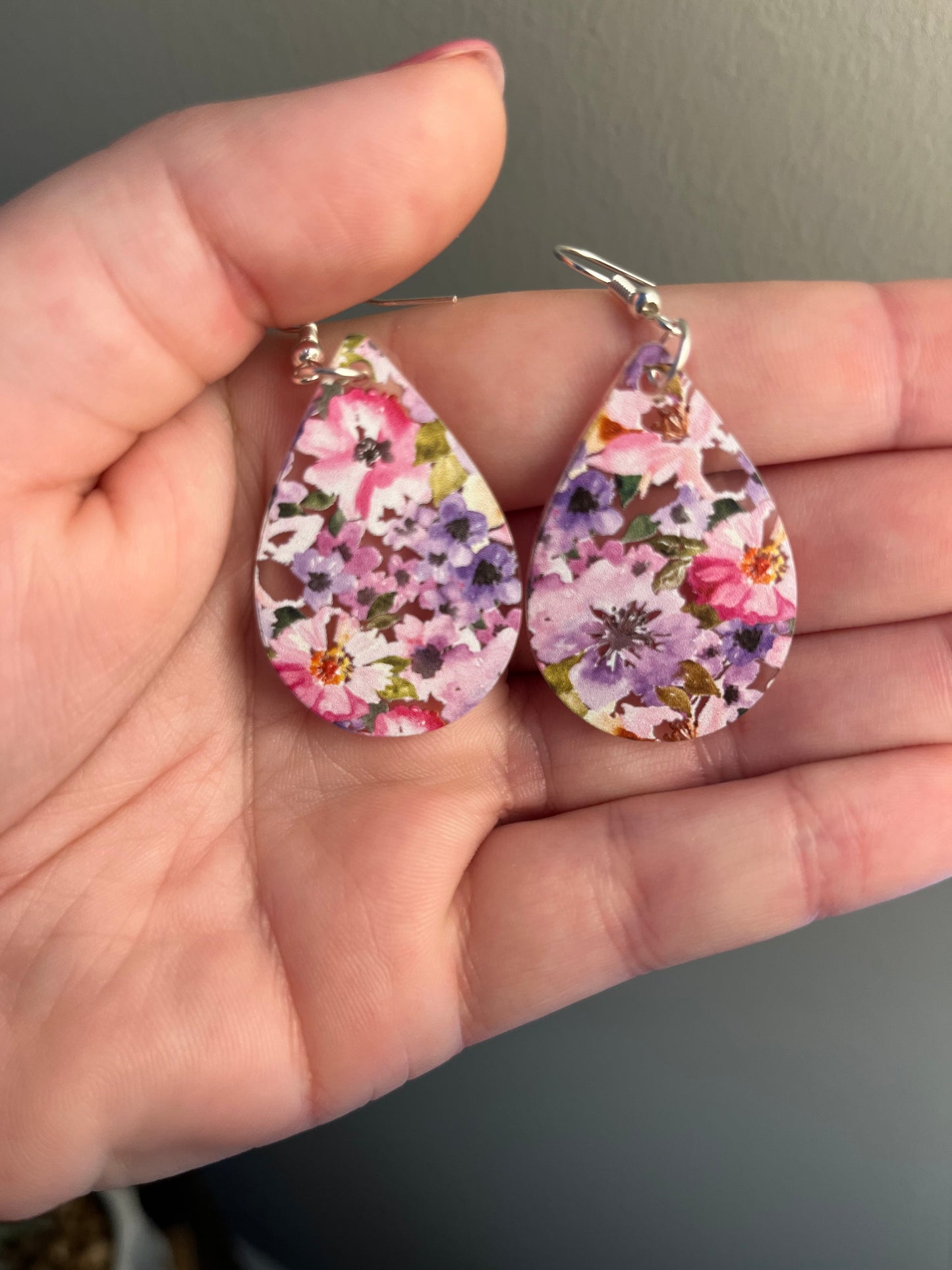 Purple Floral Teardrop Acrylic Earrings