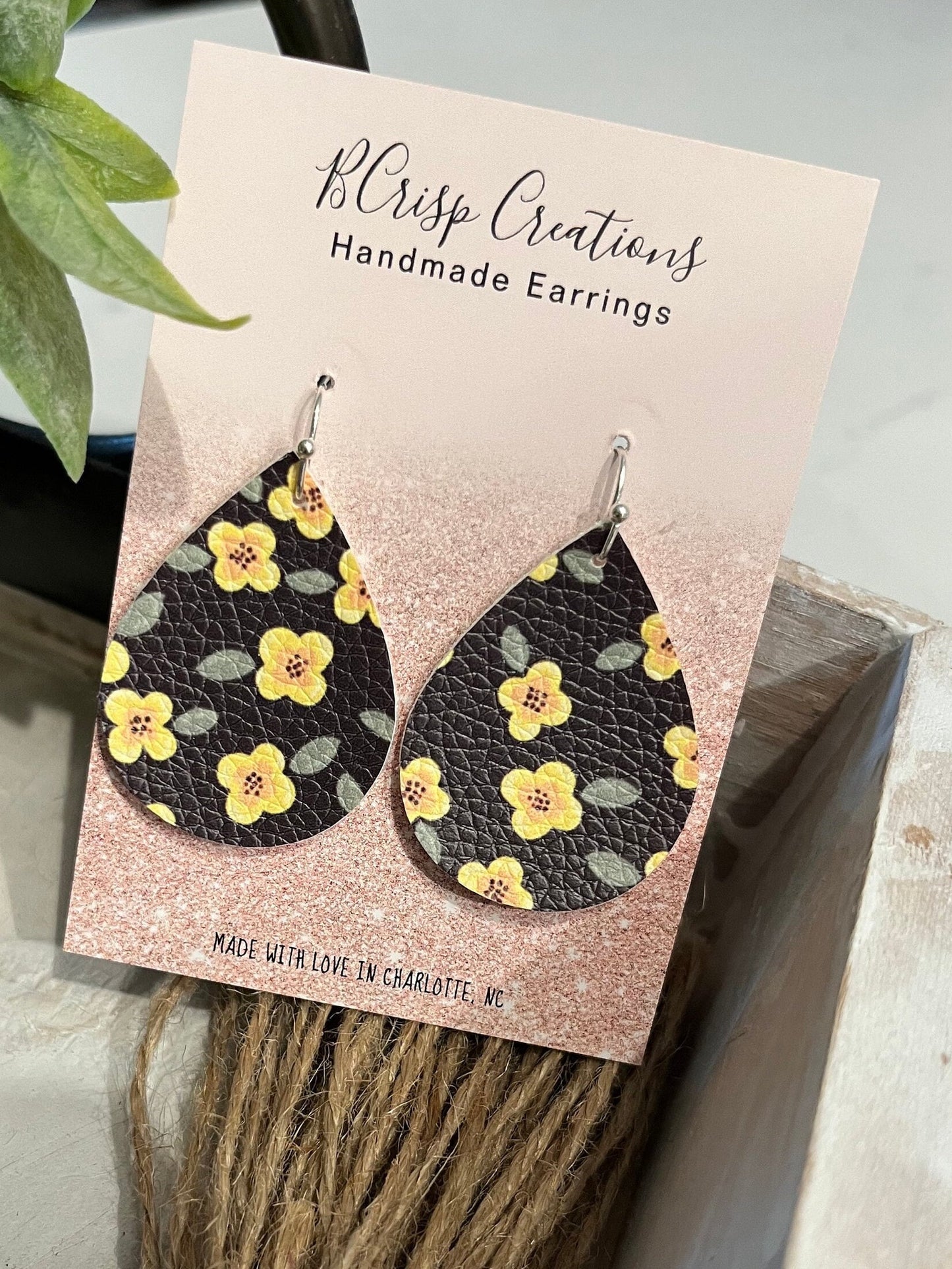 Black & Yellow Floral Faux Leather Teardrop Small Earrings