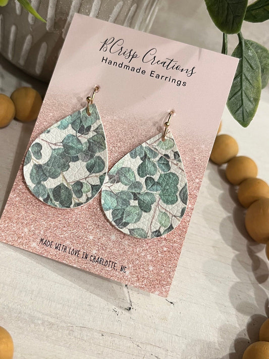 Eucalyptus Leaf Faux Leather, Dangle Earrings