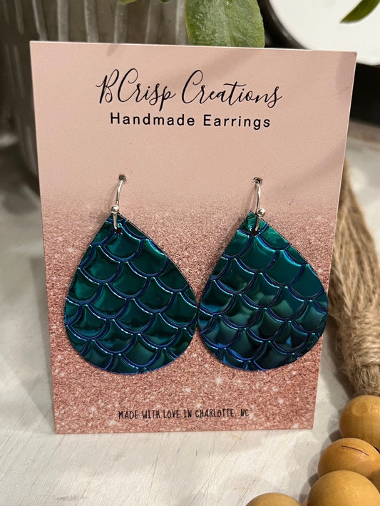 Green Blue Mermaid Faux Leather Earrings