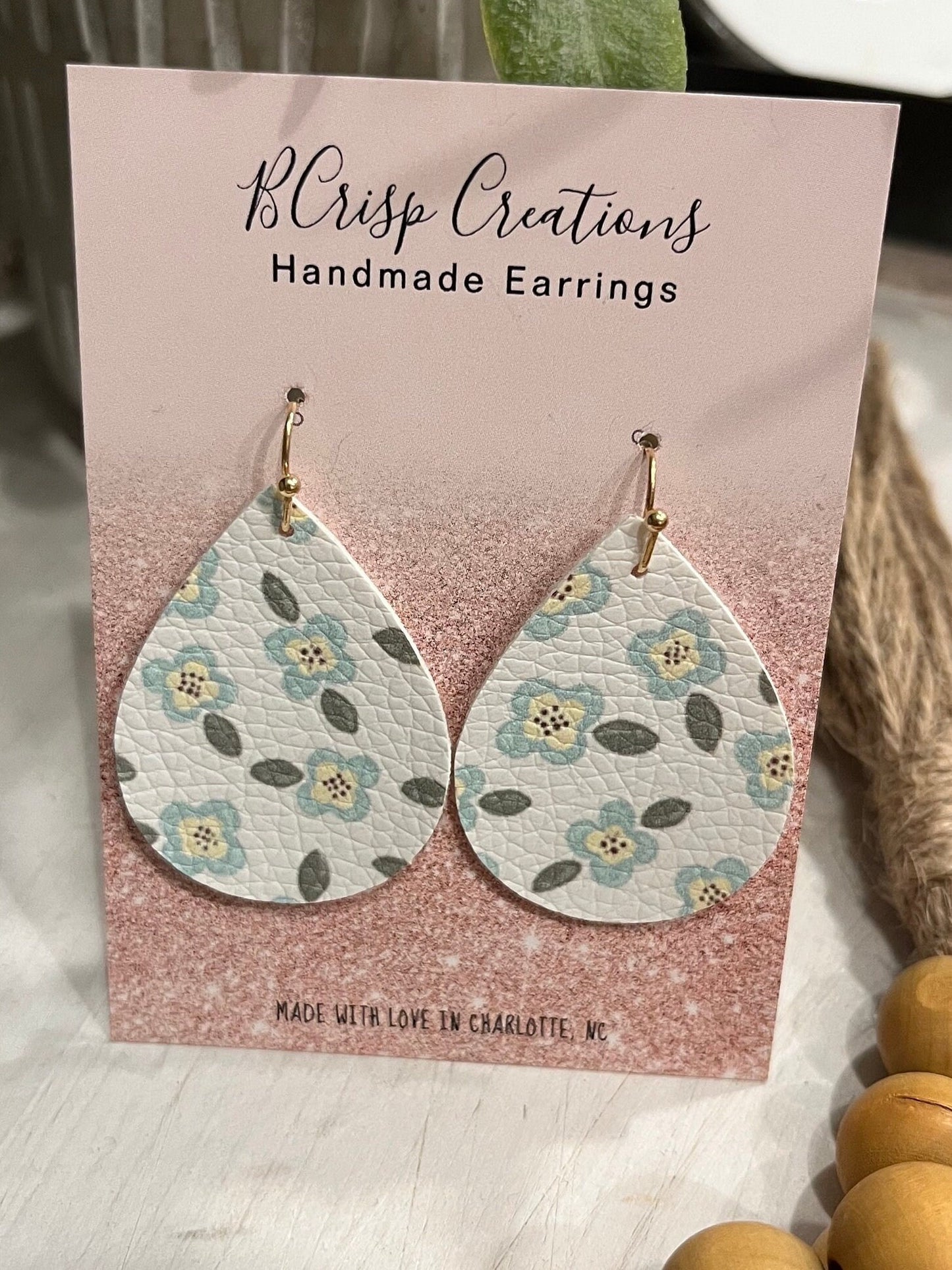 Green Floral Faux Leather Earrings