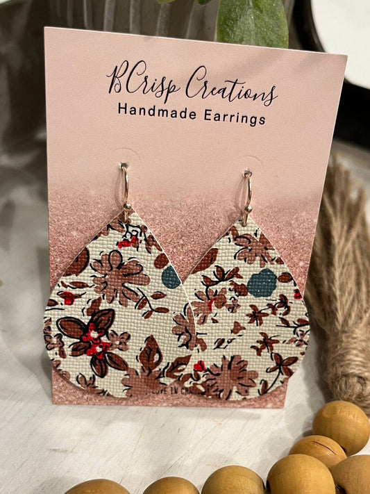 Brown Floral Faux Leather Fall Earrings