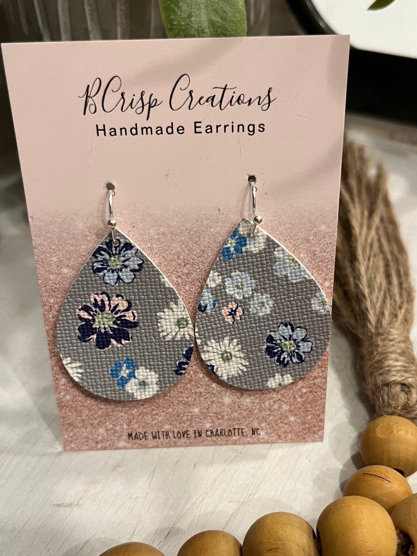 Gray Floral Faux Leather Earrings