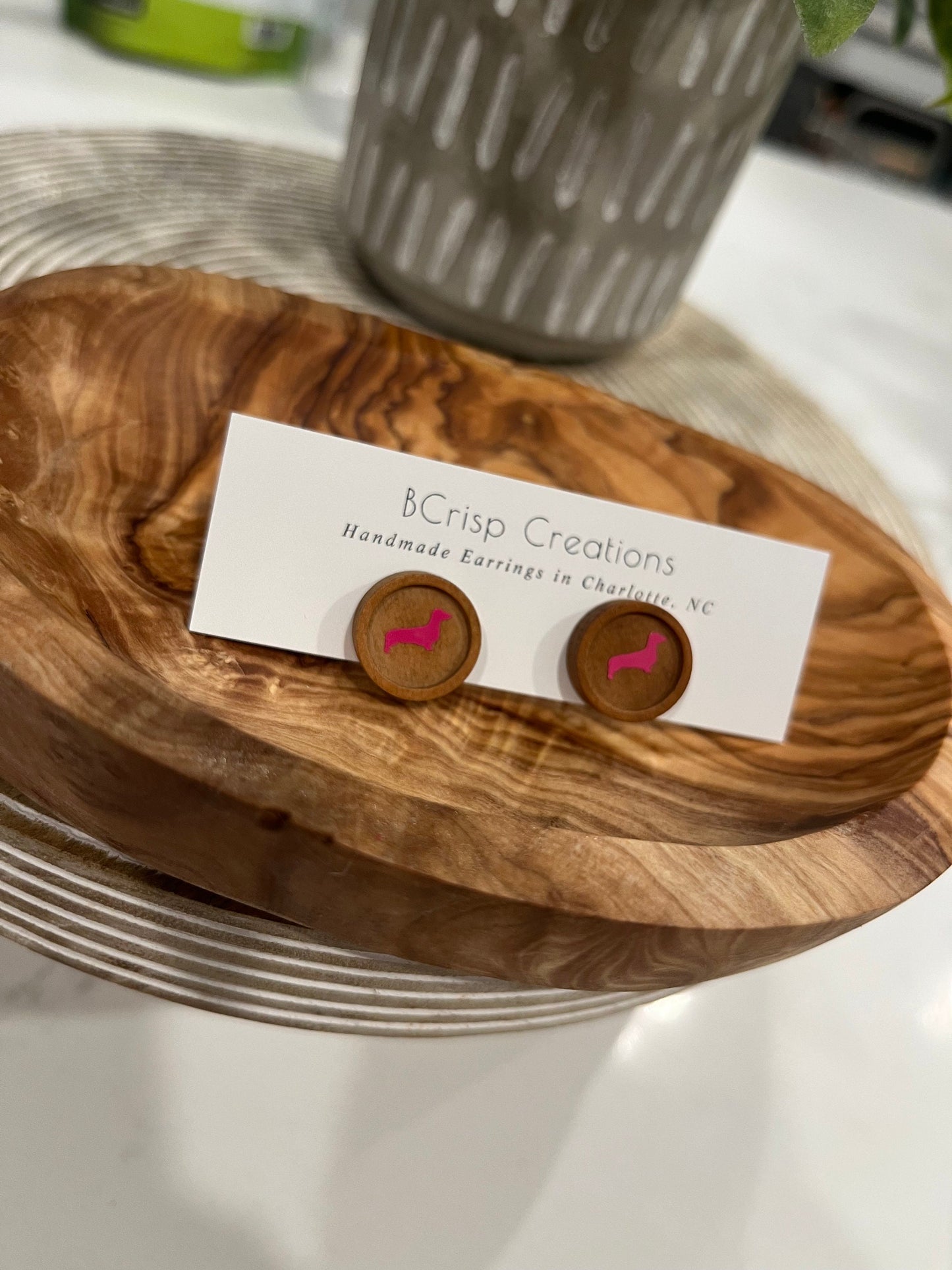 Pink Dachshund Wood Stud Earrings, 12mm