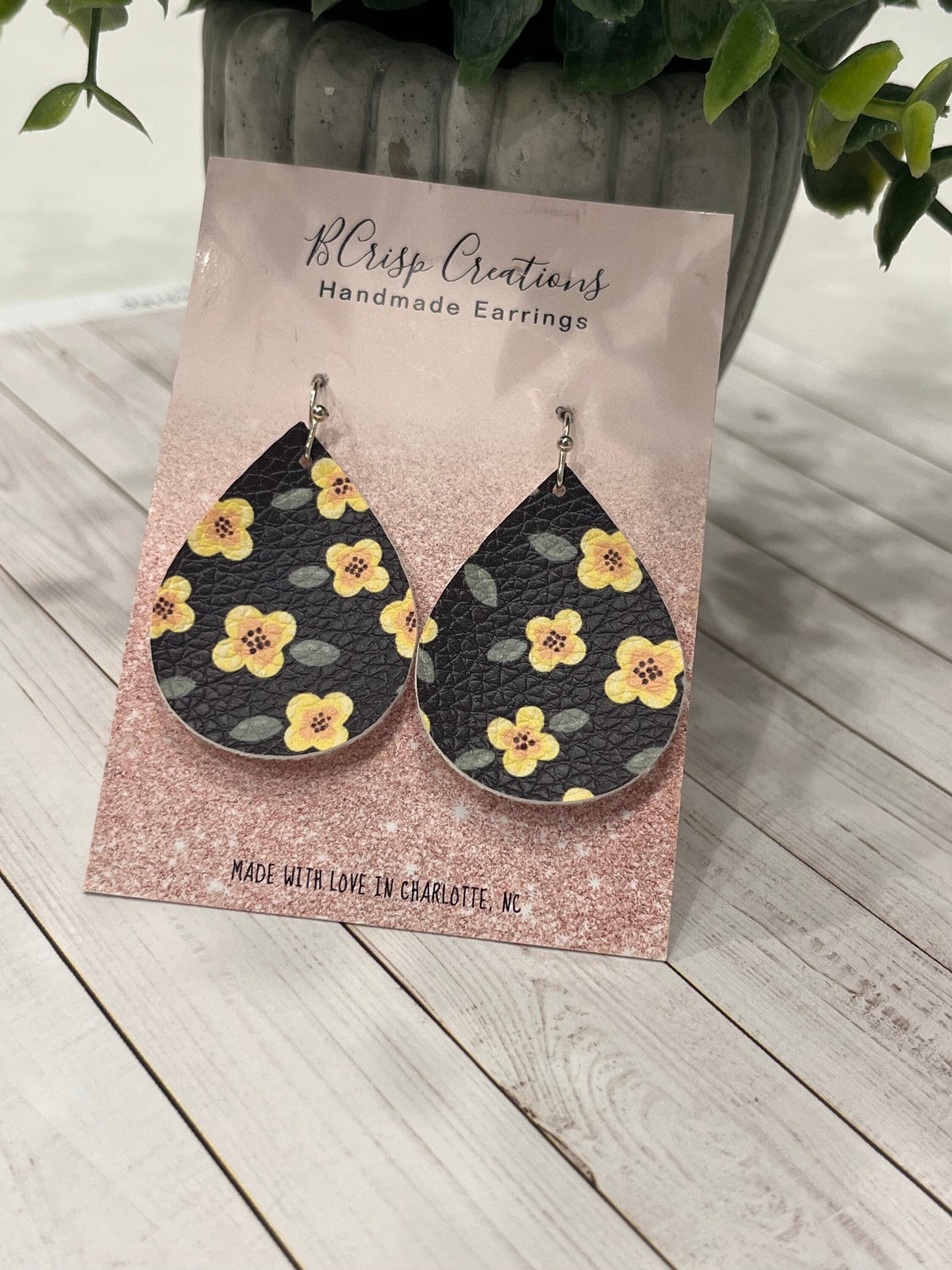 Black & Yellow Floral Faux Leather Teardrop Small Earrings