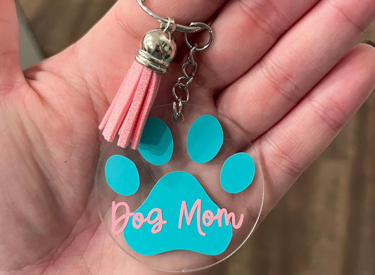 Dog Mom Acrylic 2 inch Circle Blue Keychain with Tassel