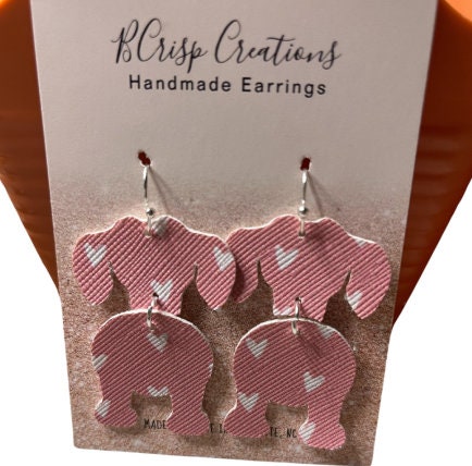 Dachshund Silhouette Pink with White Hearts Faux Leather Earrings