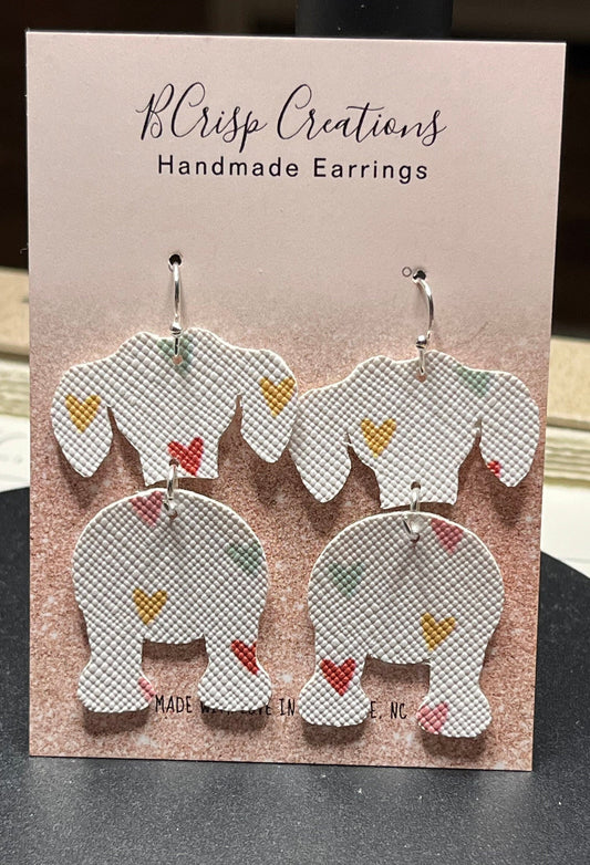 Dachshund Silhouette Hearts Faux White with Hearts Leather Earrings