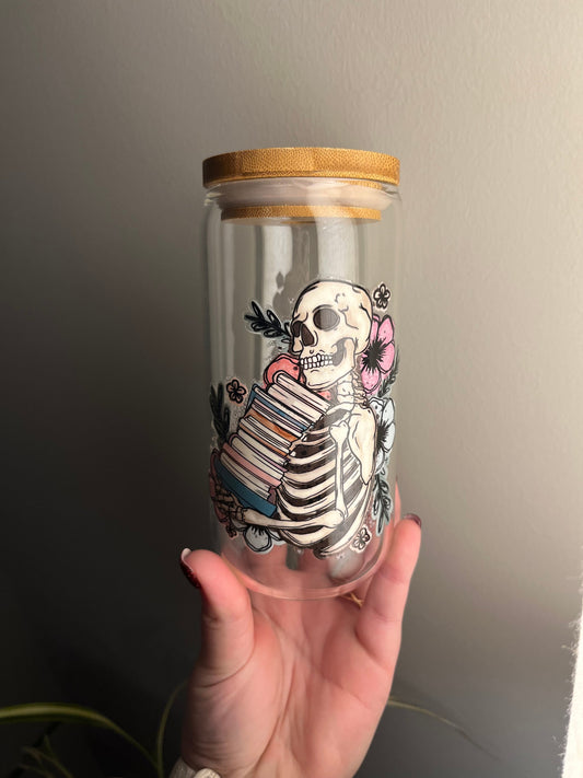 16oz Skelton and Books Glass Cup