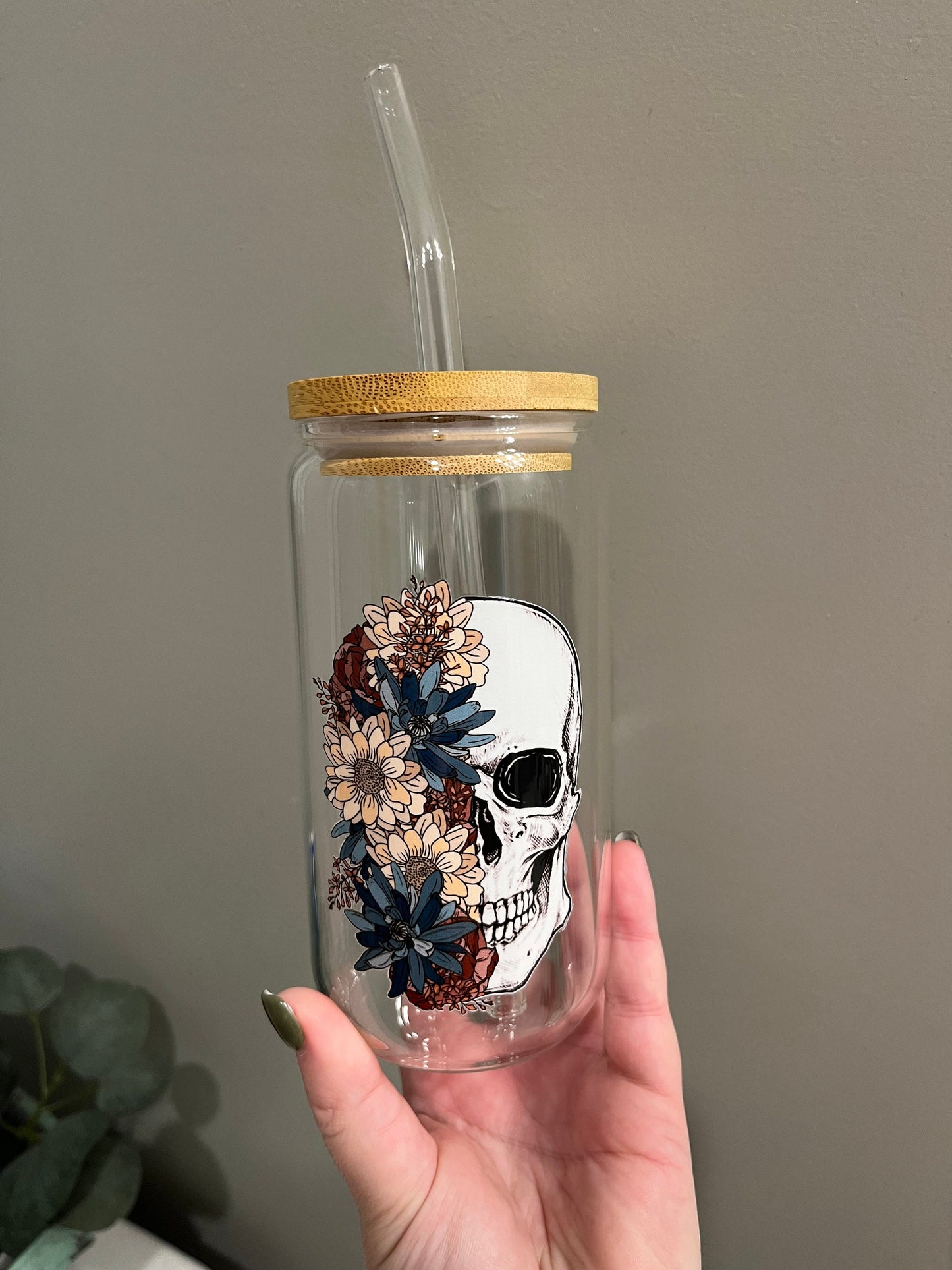 Floral Skull Iced Coffee 16oz Cup Glass Cup with Bamboo Lid and Glass Straw