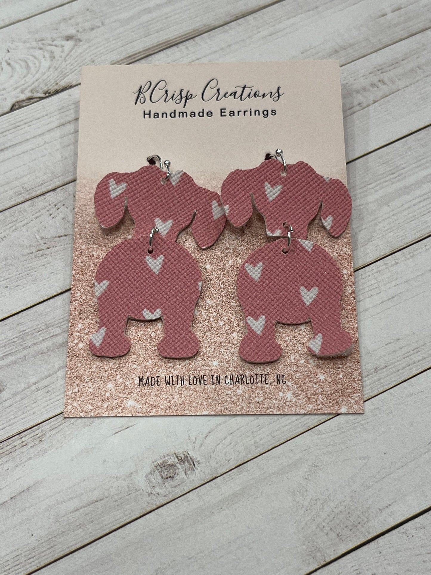 Dachshund Silhouette Pink with White Hearts Faux Leather Earrings