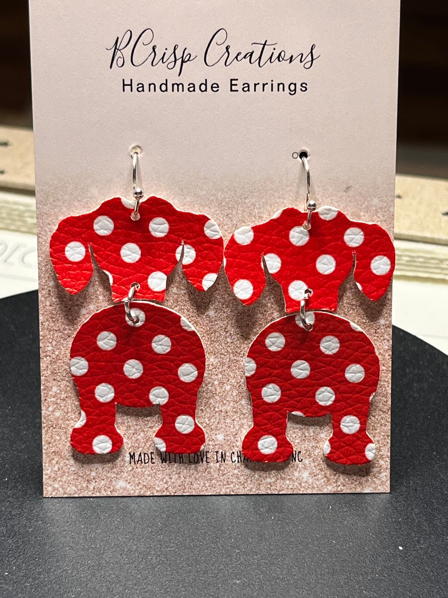 Dachshund Silhouette Red Polka Dot Faux Leather Earrings