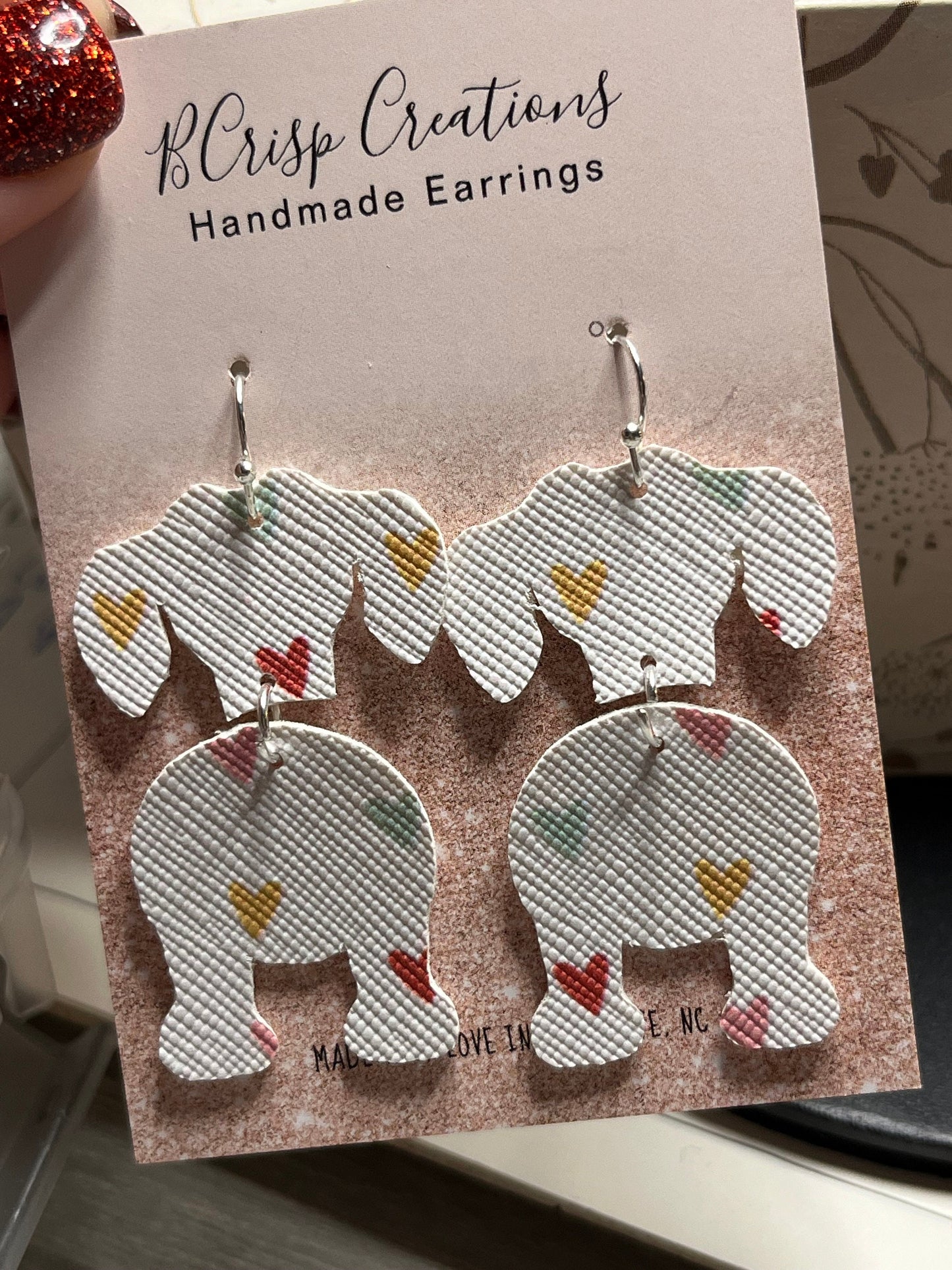 Dachshund Silhouette Hearts Faux White with Hearts Leather Earrings