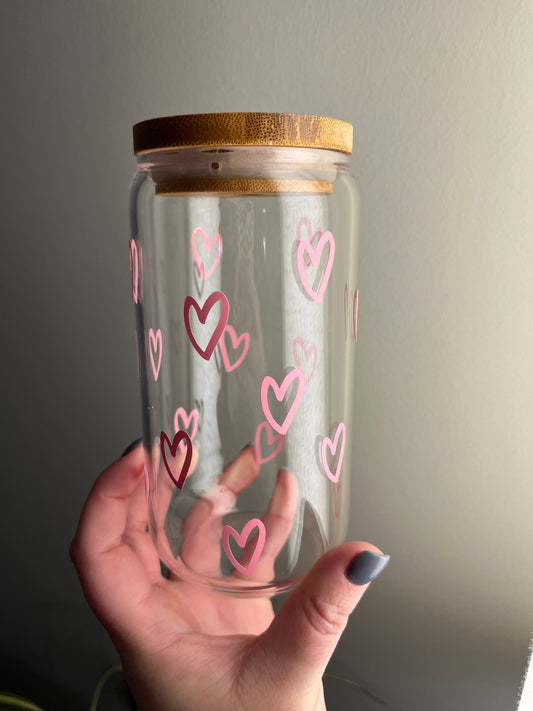 Pink Hearts Valentine 16oz Glass Cup