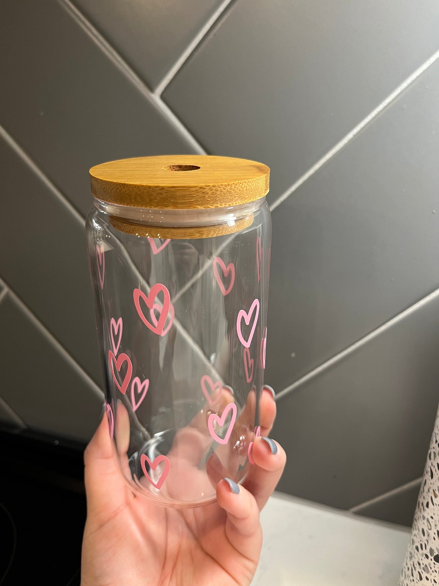 Pink Hearts Valentine 16oz Glass Cup