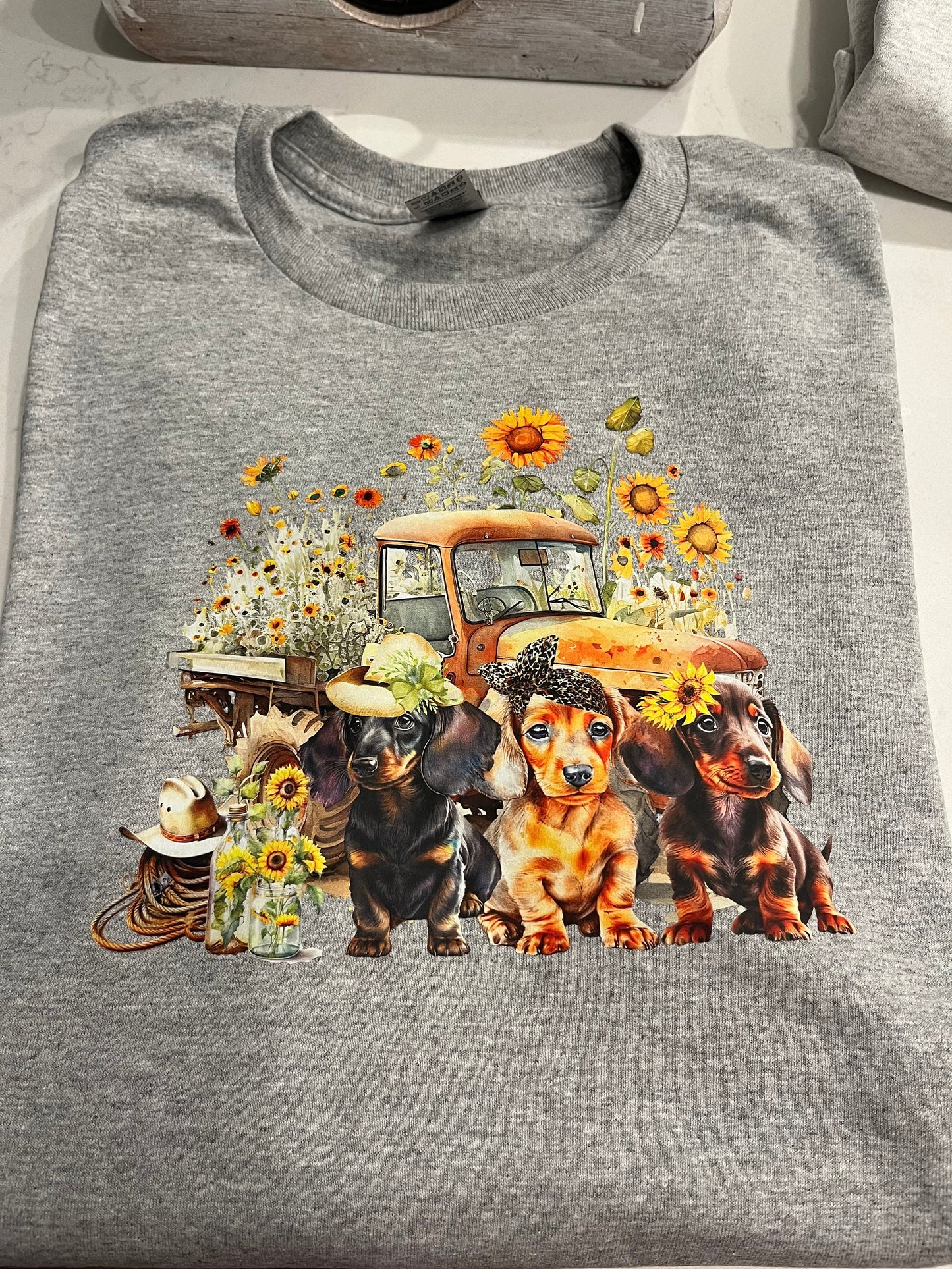 Dachshund Sunflower Shirt, Sunflower Doxie Long Sleeve Shirt