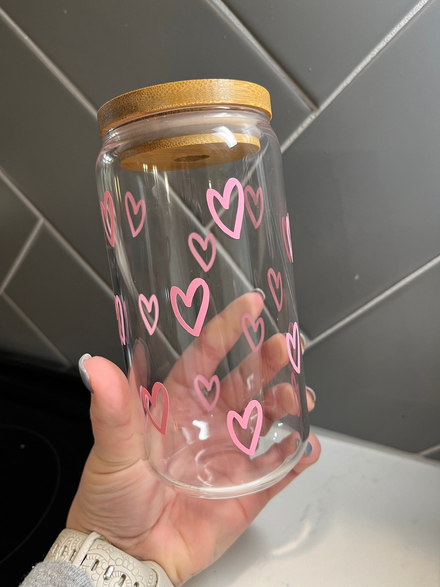 Pink Hearts Valentine 16oz Glass Cup