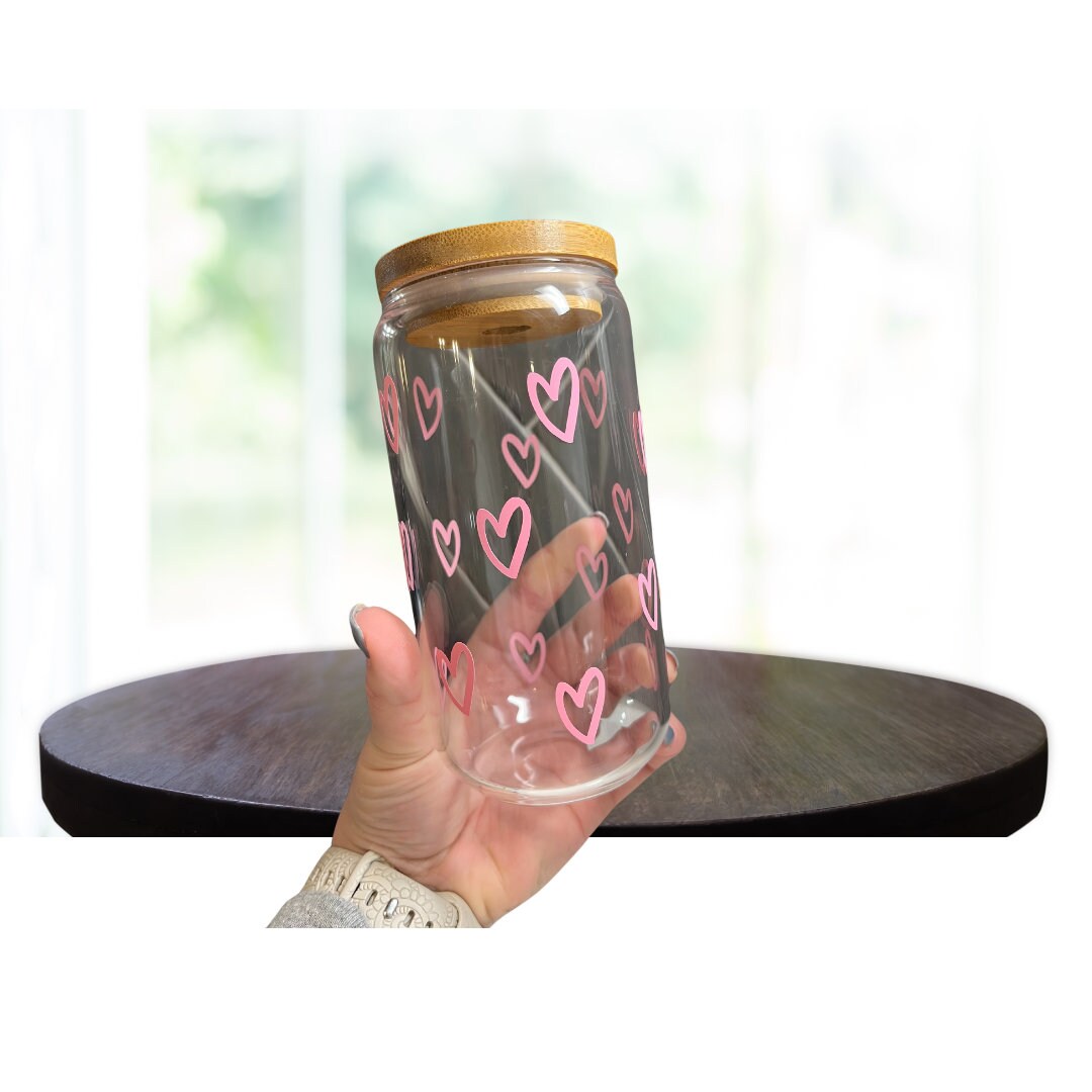 Pink Hearts Valentine 16oz Glass Cup